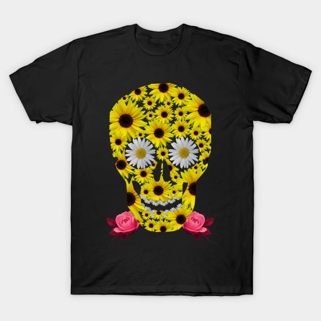 Skull with Sunflowers, Daisies and Roses - Floral T-Shirt by rh_naturestyles